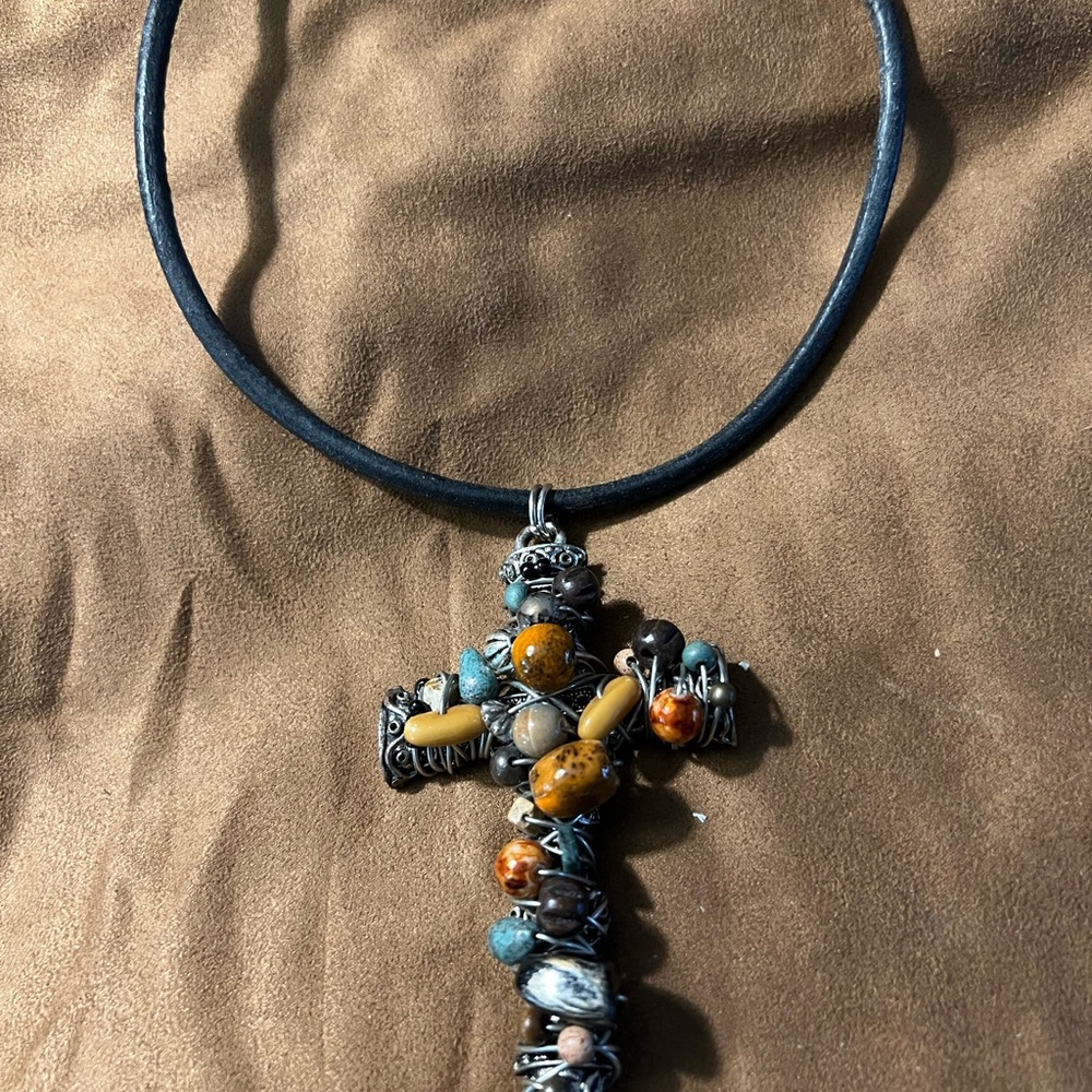 Handmade Multicolor Bead Cross Pendant Necklace - Women Jewelry
